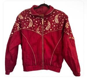 EAST WEST VTG 80s Windbreaker Jacket Burgundy Gold Cherry Blossoms & Stars Sz S